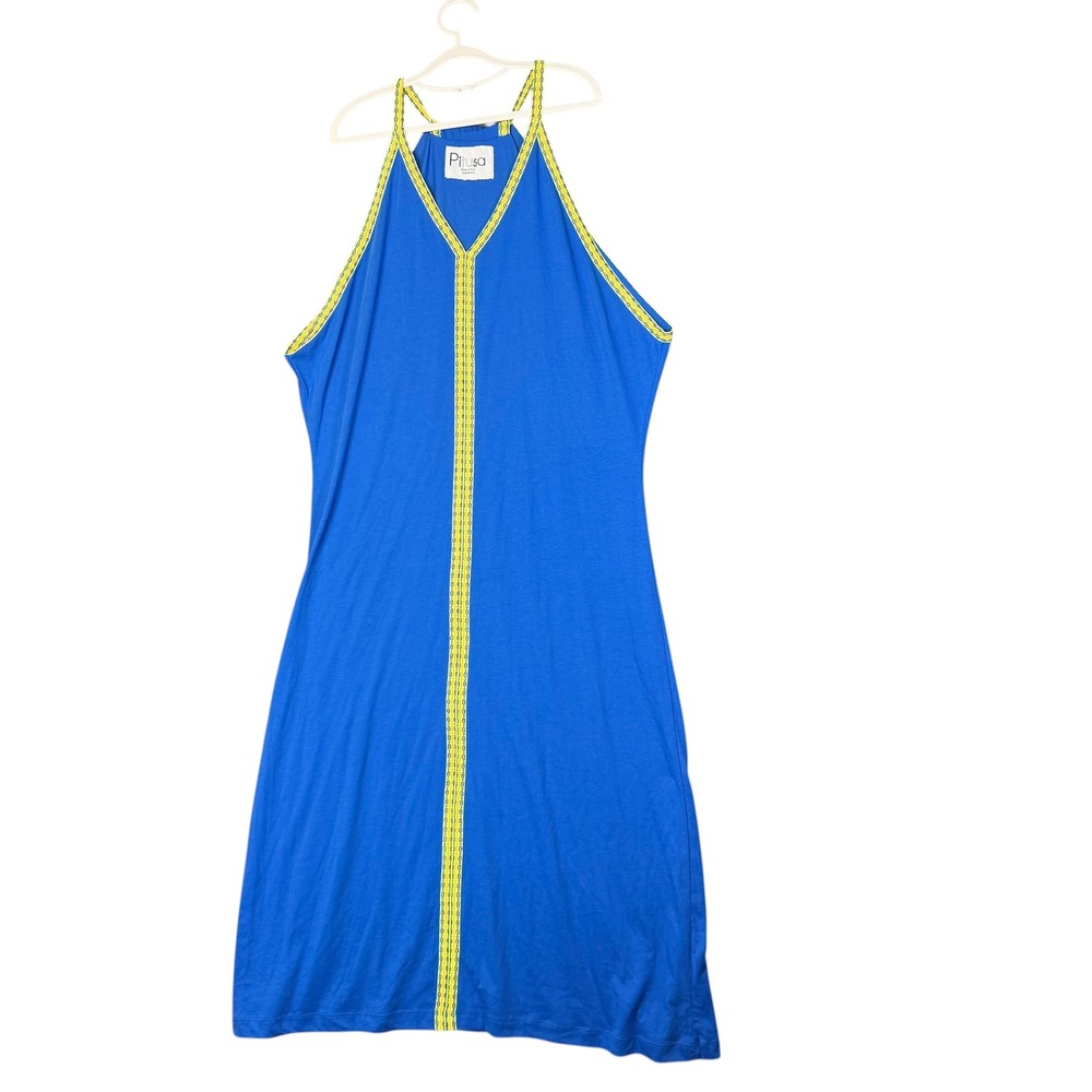 Pitusa V-Neck Halter Maxi Dress Blue Yellow Inca Trim Cotton Blend Standard Size